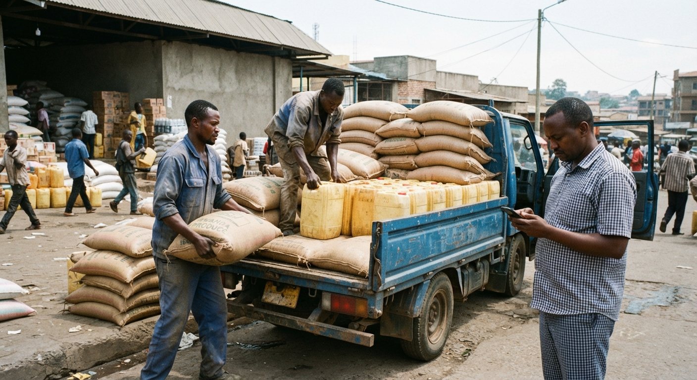 Workers load sacks of rice and jerrycans of cooking oil onto a truck at a Kigali depot