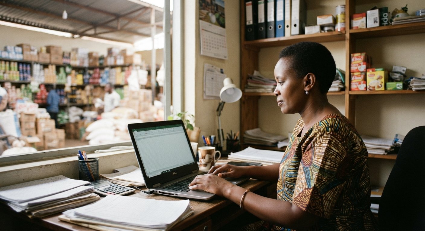 A wholesaler reviews the depot's numbers on a laptop in her office