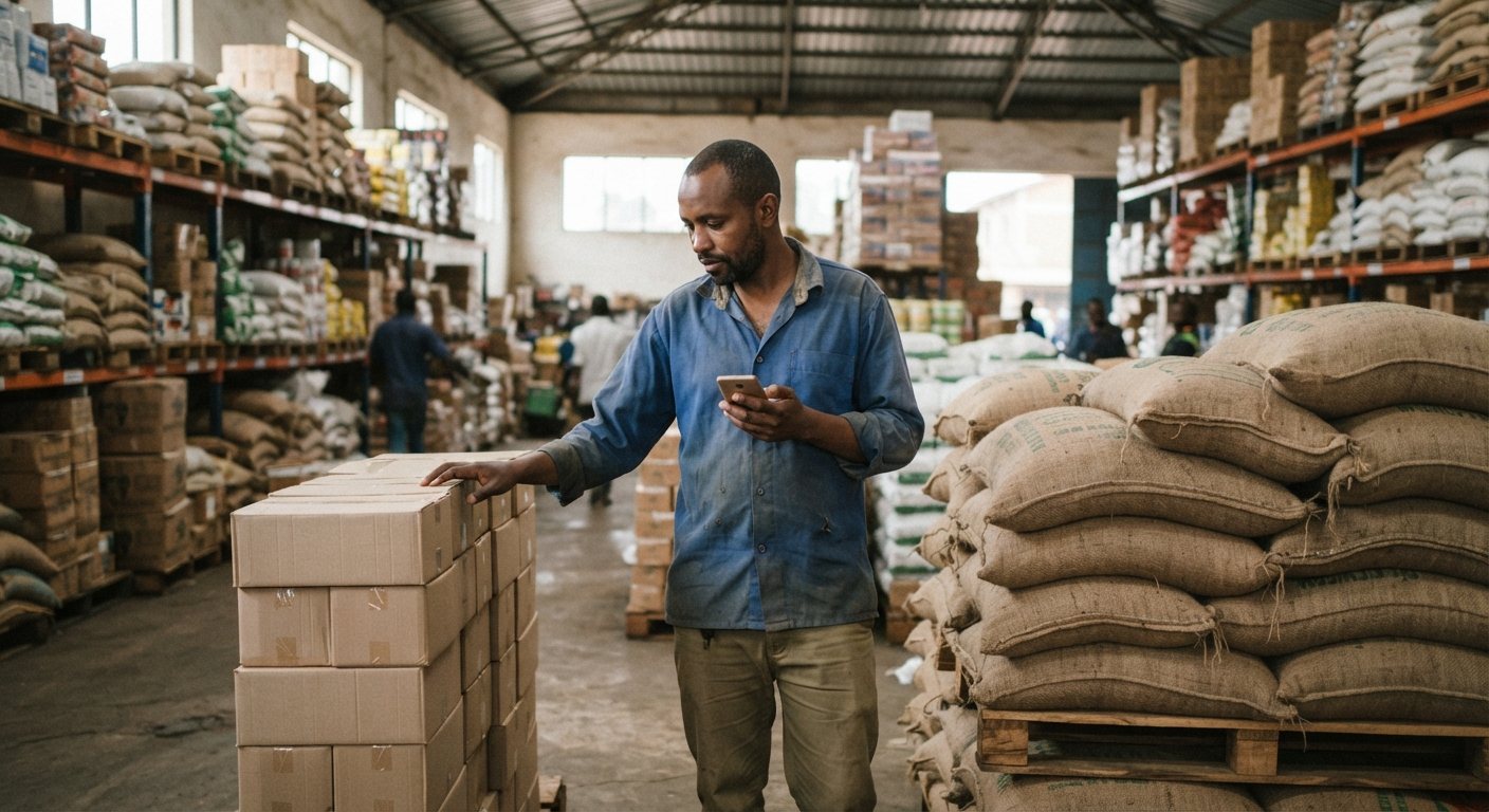 A storekeeper counts sacks and cartons in a wholesale warehouse