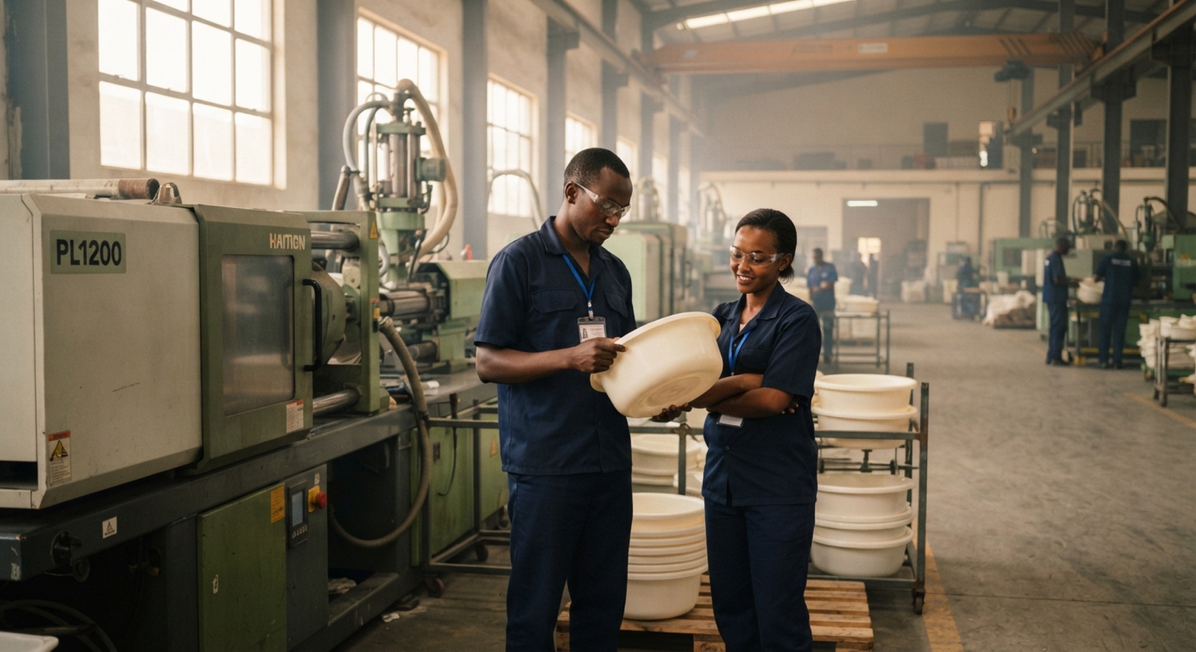 Two workers inspect moulded plastic basins on a factory floor in Kigali