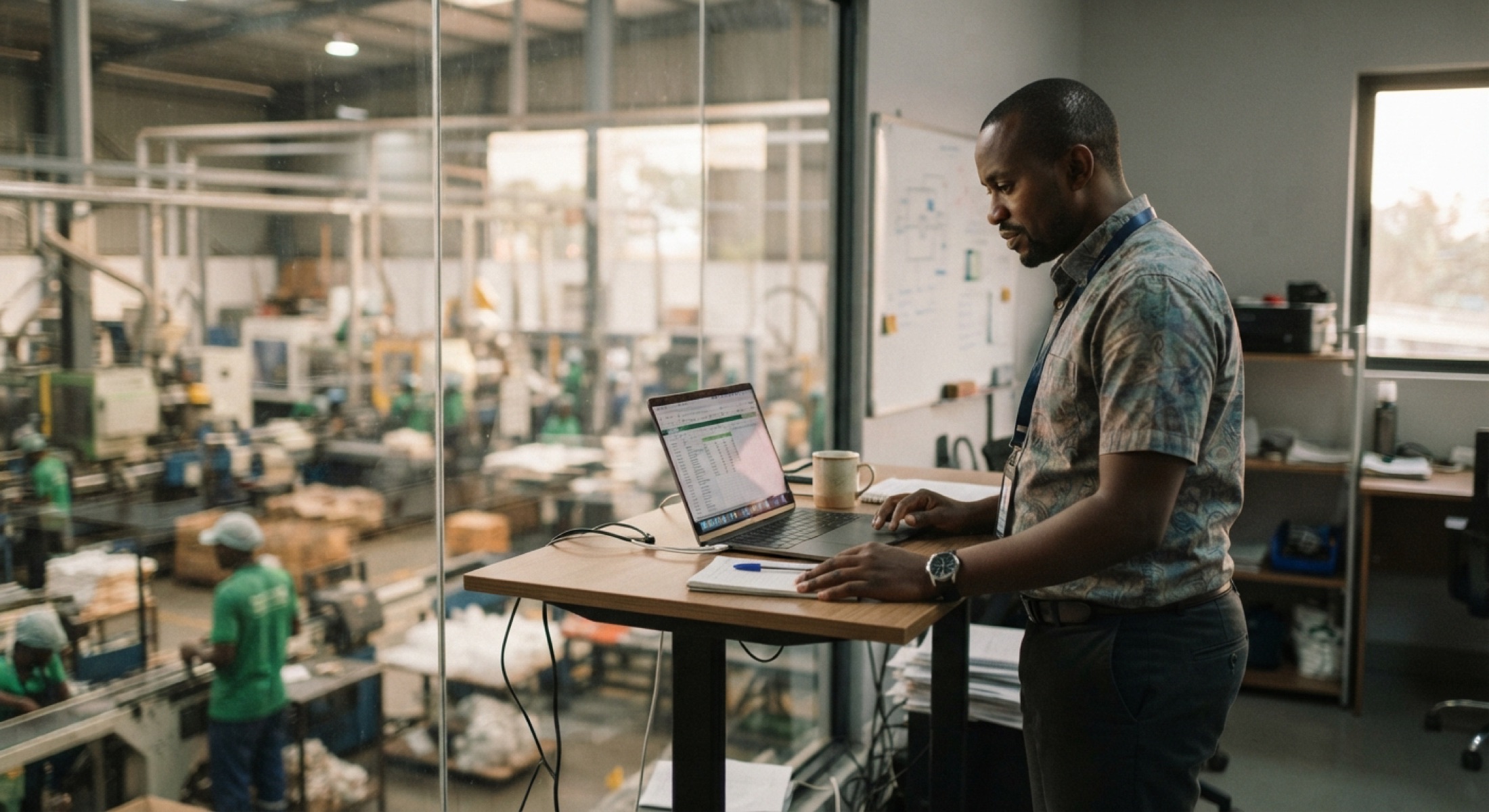 A factory manager reviews production on a laptop in an office above the floor