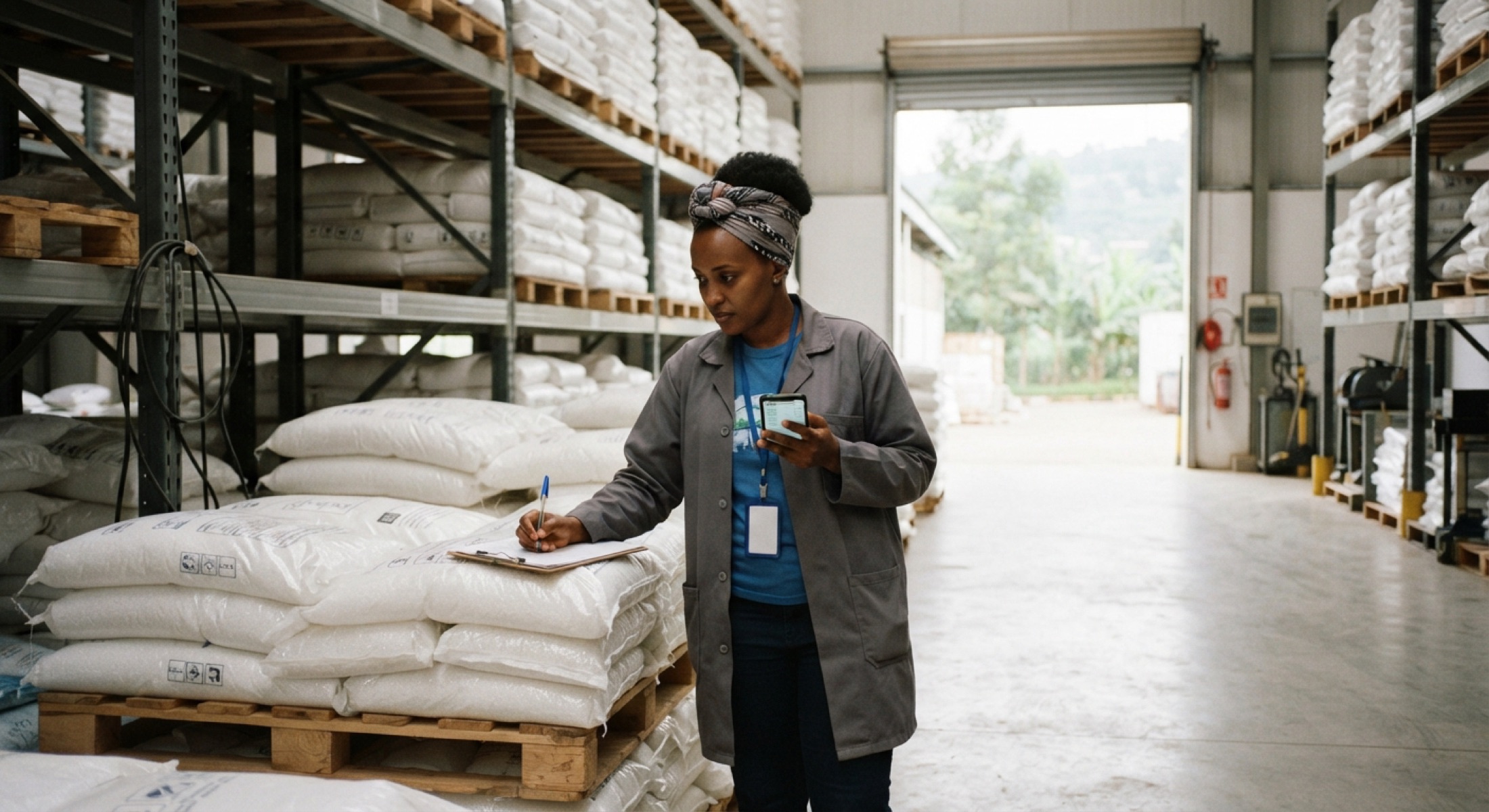 A storekeeper counts sacks of plastic granules in a factory store