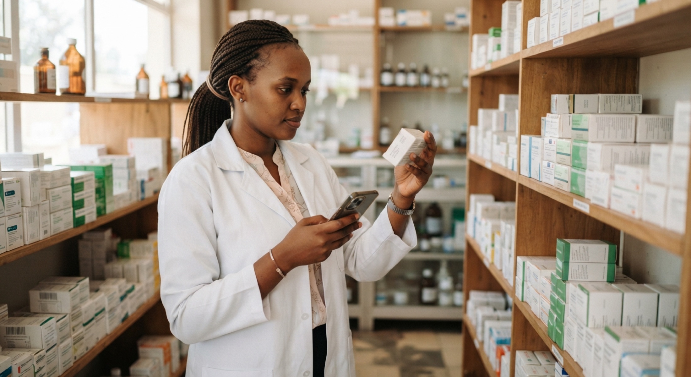 A pharmacist checks the expiry date on a box of medicine