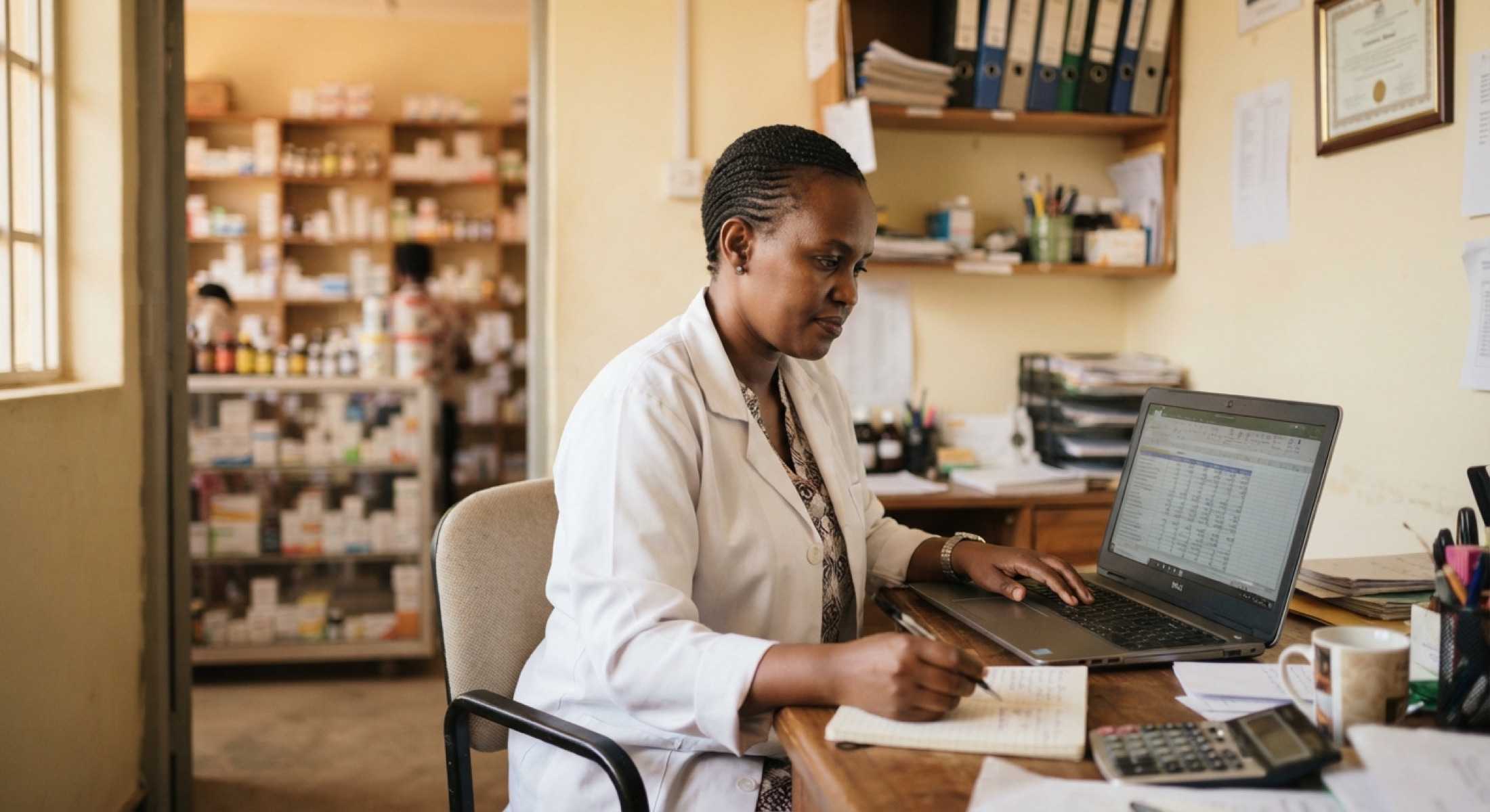 A pharmacy owner reviews the figures on a laptop in the back office