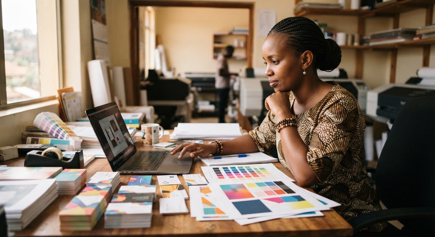A print shop manager reviews jobs on a laptop, with colour proofs and business cards on the desk