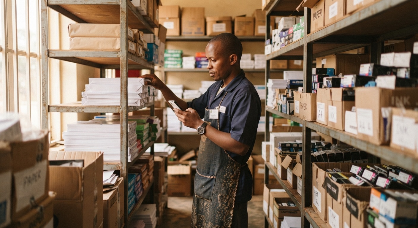A storekeeper checks reams of paper and boxes of ink on the shelves of a print shop store