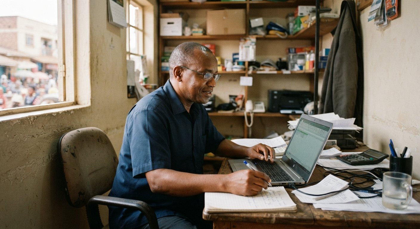 A shop owner checks the day on a laptop in the office behind the shop