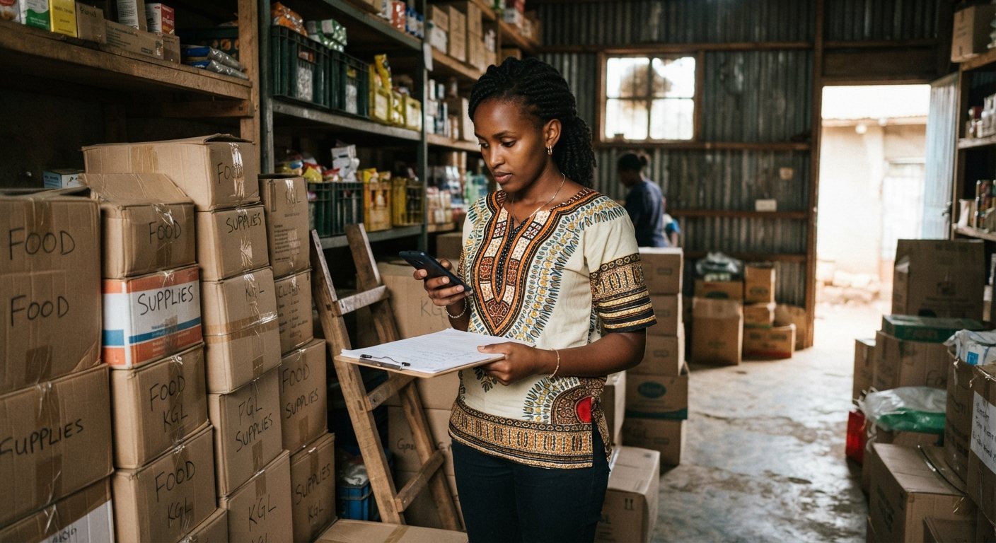 A storekeeper counts cartons in the stock room of a Kigali shop