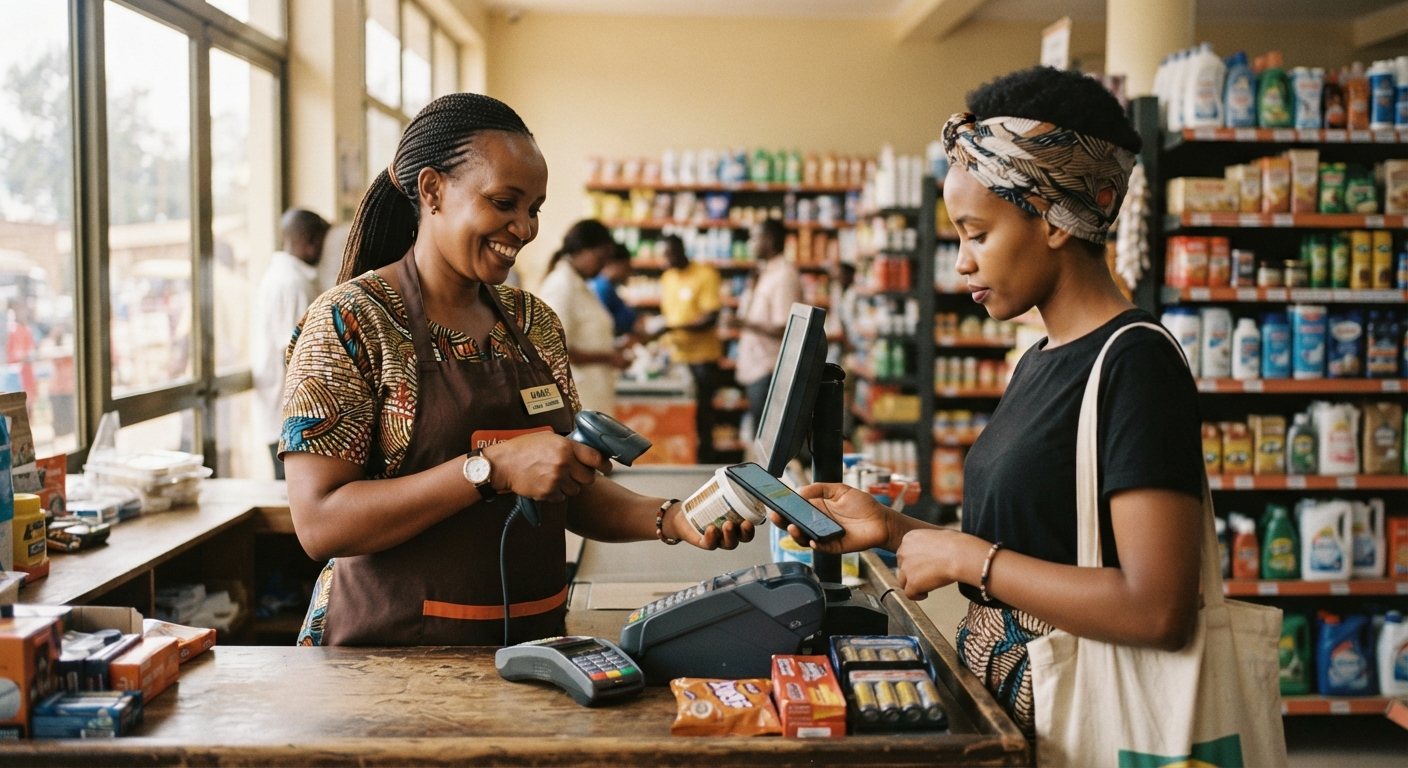 A cashier serves a customer paying by phone at the till of a Kigali supermarket