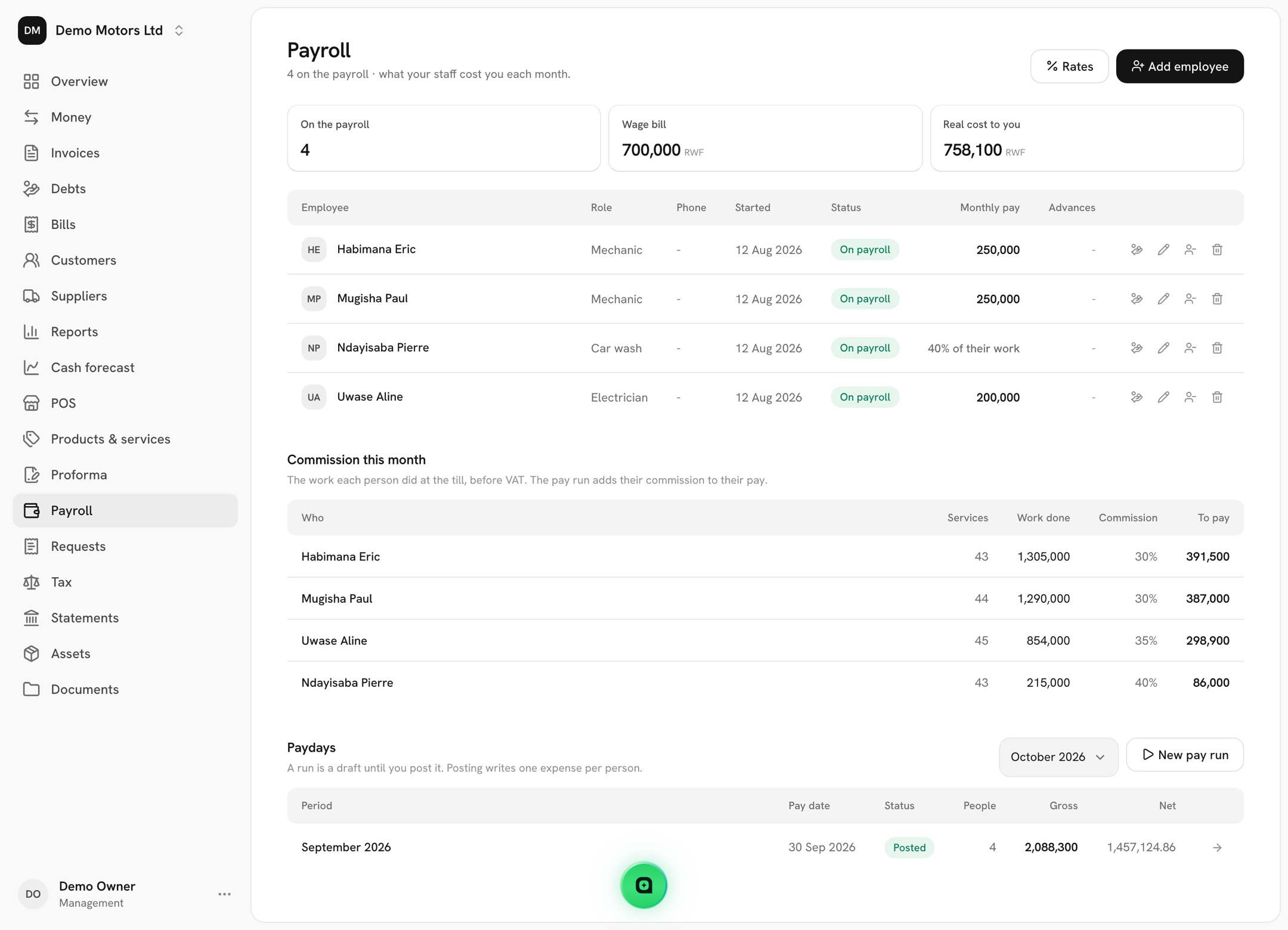 Qonta's Payroll page for a garage: the mechanics, and the work each did at the till this month with their commission