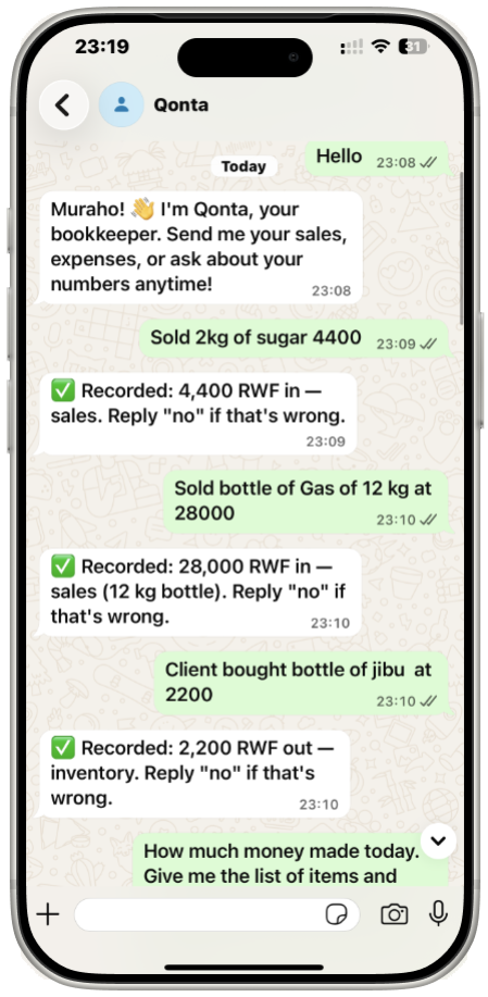 Recording sales in the Qonta WhatsApp chat